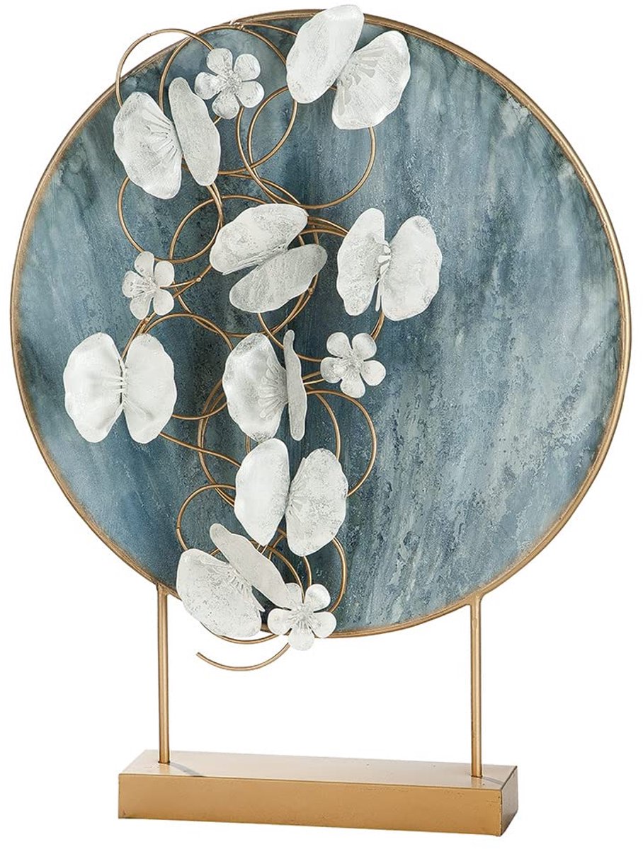 SnelShoppen - Moderne sculptuur decoratief object met bloemen - metaal - decoratie woonkamer - hoogte 65 cm - kleur goud blauw wit - stijlvol en uniek