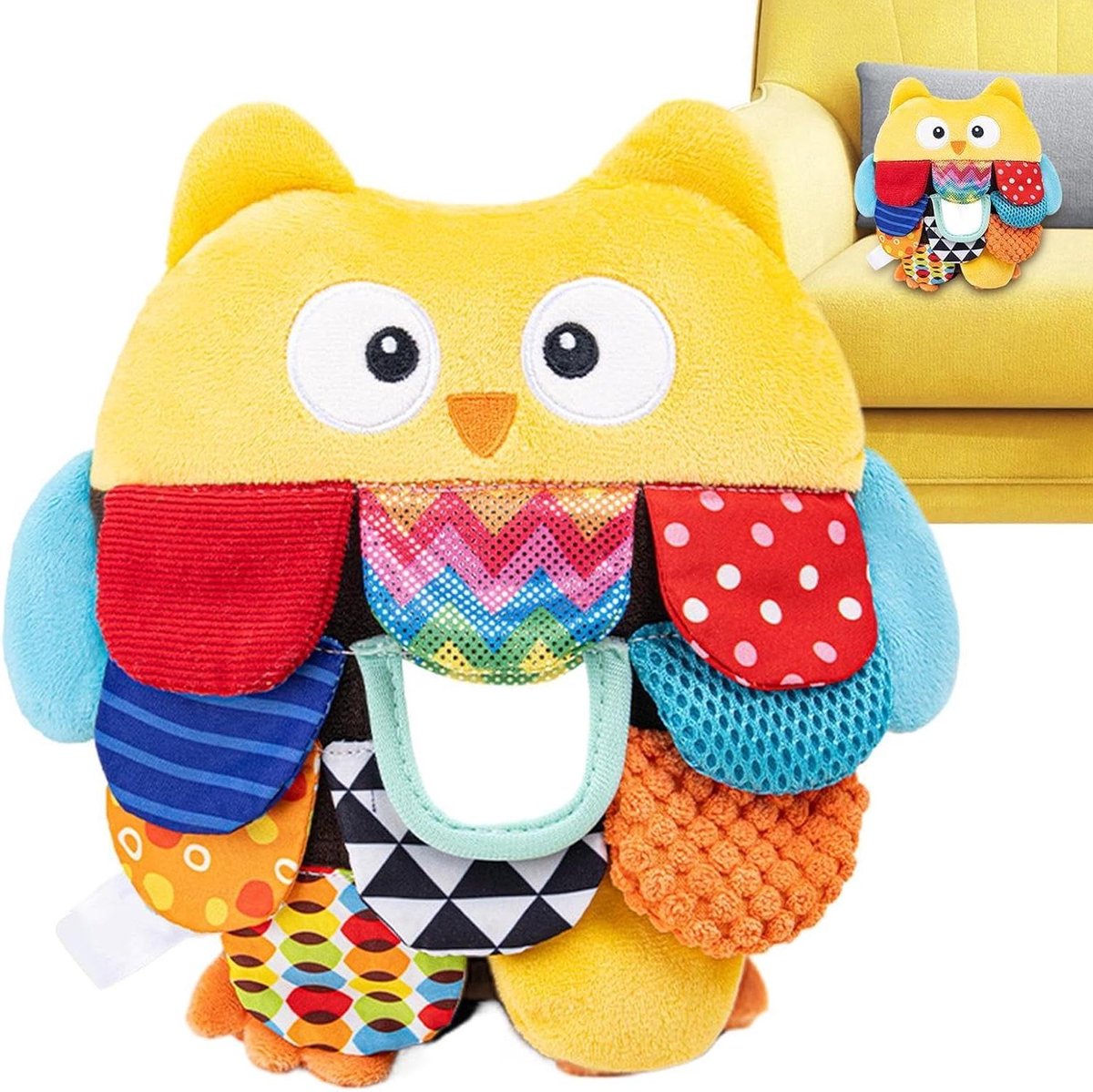 Sensorisch Speelgoed Uil - Knisper Knuffel Educatief - Baby Ontwikkeling - Multi-textuur Oppervlakken - 25 x 20 x 10 cm