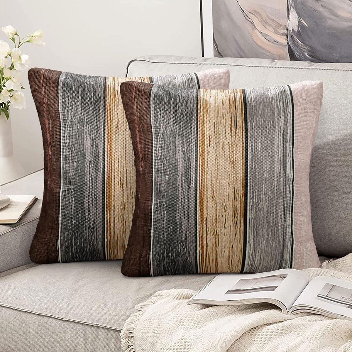 Decoratieve Kussenhoezen 40 x 40 cm, Bruin-Grijs, Set van 2, Linnen, Retro Design voor Bank en Auto