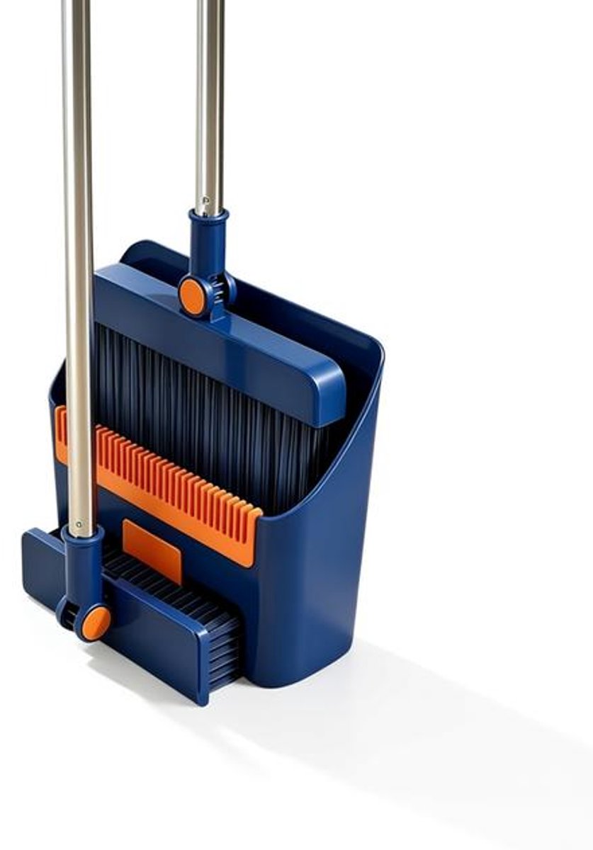 3-in-1 opvouwbare bezem en blik set met lange steel, 180° draaibare kop, kamtanden en vuilniszakken- Blauw.