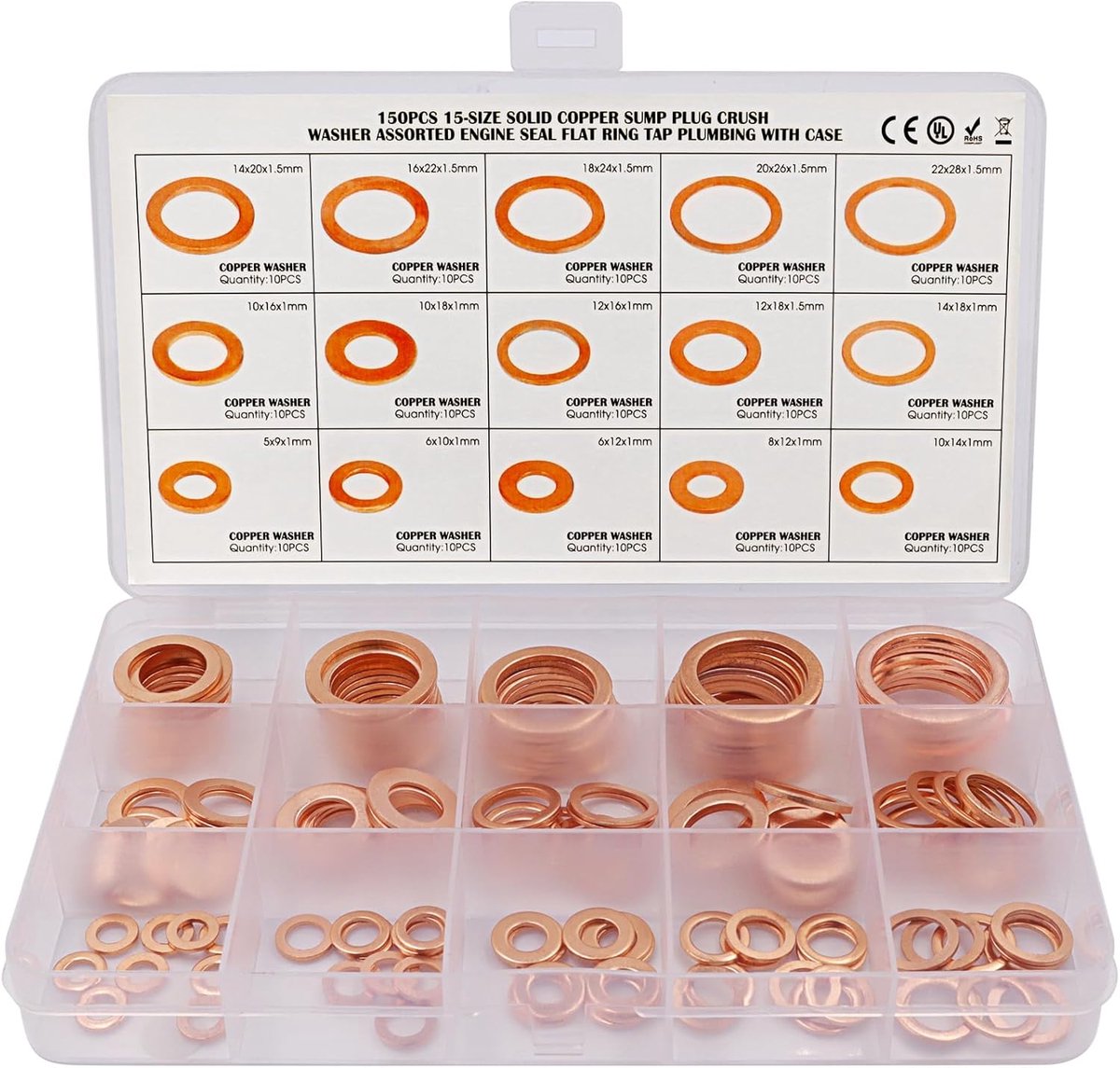 carmdering - Koperen Sluitringen - Koperen Pakkingringen - Metrische Flat Washers Set - Hoge Conductiviteit - Anti-Corrosie Bescherming - Massief Koper - Roestvrij En Duurzaam - Ideaal Voor Lekkagepreventie - 150 Stuks