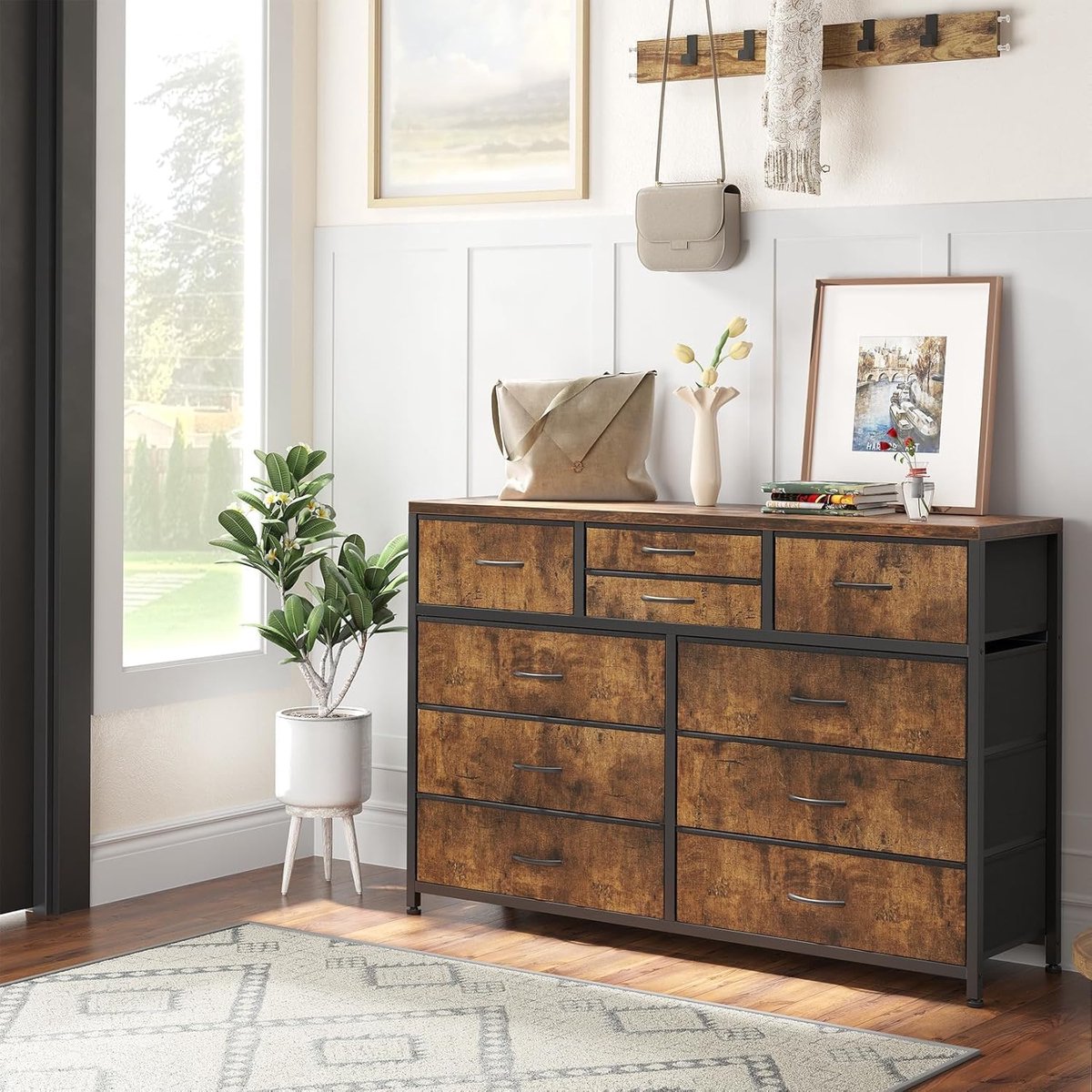 Triumpunpre - Ladekast 10 lades in stof – Metalen frame Houten blad – Met handgrepen – Opbergmeubel – Voor entree, slaapkamer en woonkamer – Bruin getijgerd