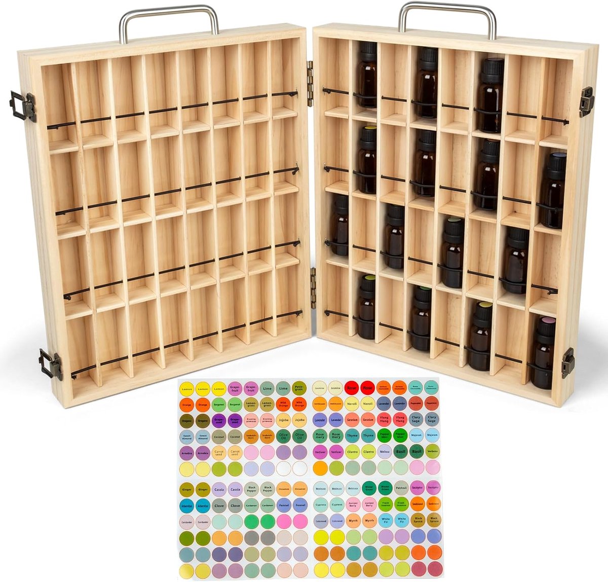 Opbergbox voor etherische oliën van hout Etherische oliën display organizer 64 vakken Standaardhouder voor 5-15 ml flessen nagellak, geuroliën, lippenstift en parfumopslag met deksel