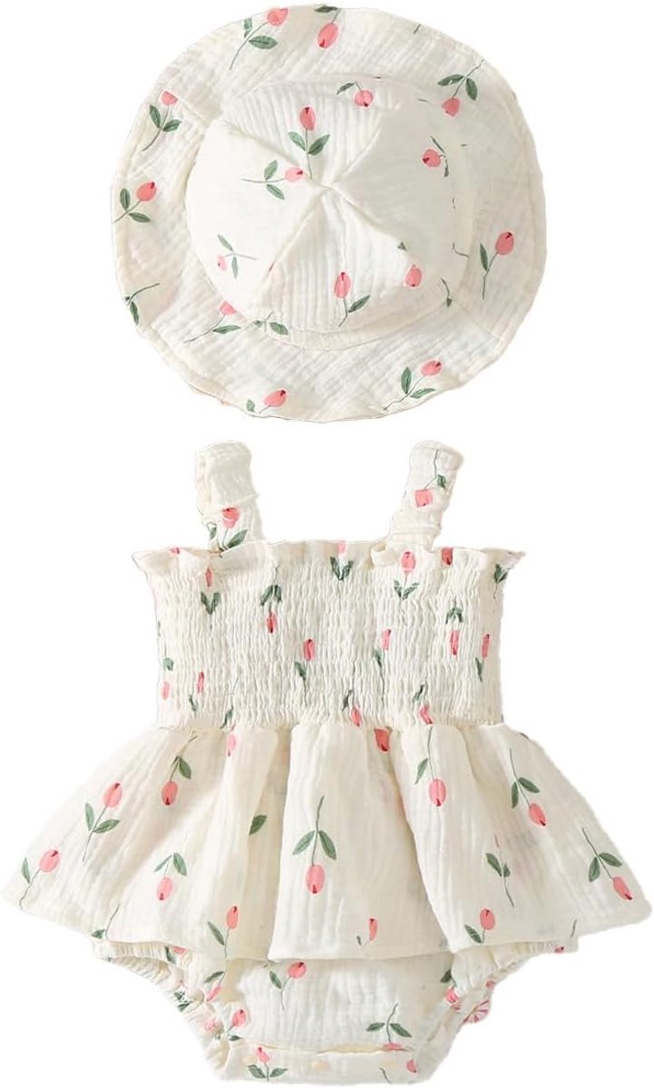 Zomerjurk voor babymeisjes, outfit hart/bloemenpatroon, boho, katoen-linnen jurk en hoed voor pasgeborenen, fotoshoot, outfits voor vroegtijdige peuters