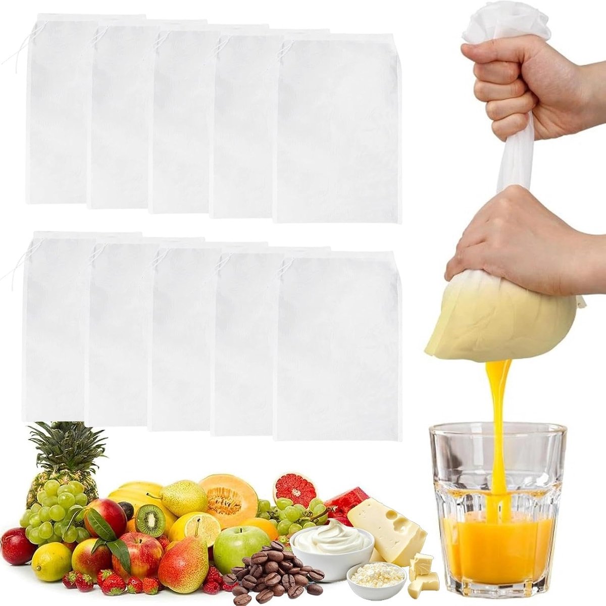 6 stuks notenmelkzakken, nylon, fijnmazige passeerdoek, herbruikbaar, kaasdoek, biologisch, wasbaar, filterzak met trekkoord, voor notenmelk, vruchtensap, kaas, koffie, yoghurt, groentesap (20