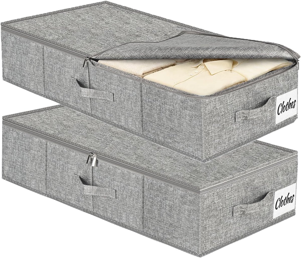 Opbergboxen voor Onder het Bed met Deksel, 50L Opvouwbare Opberger, Stevige Zijkanten en Bodem, 3 Handgrepen, Waterafstotend, voor Kleding, Dekens en Schoenen, 2 Stuks, Grijs