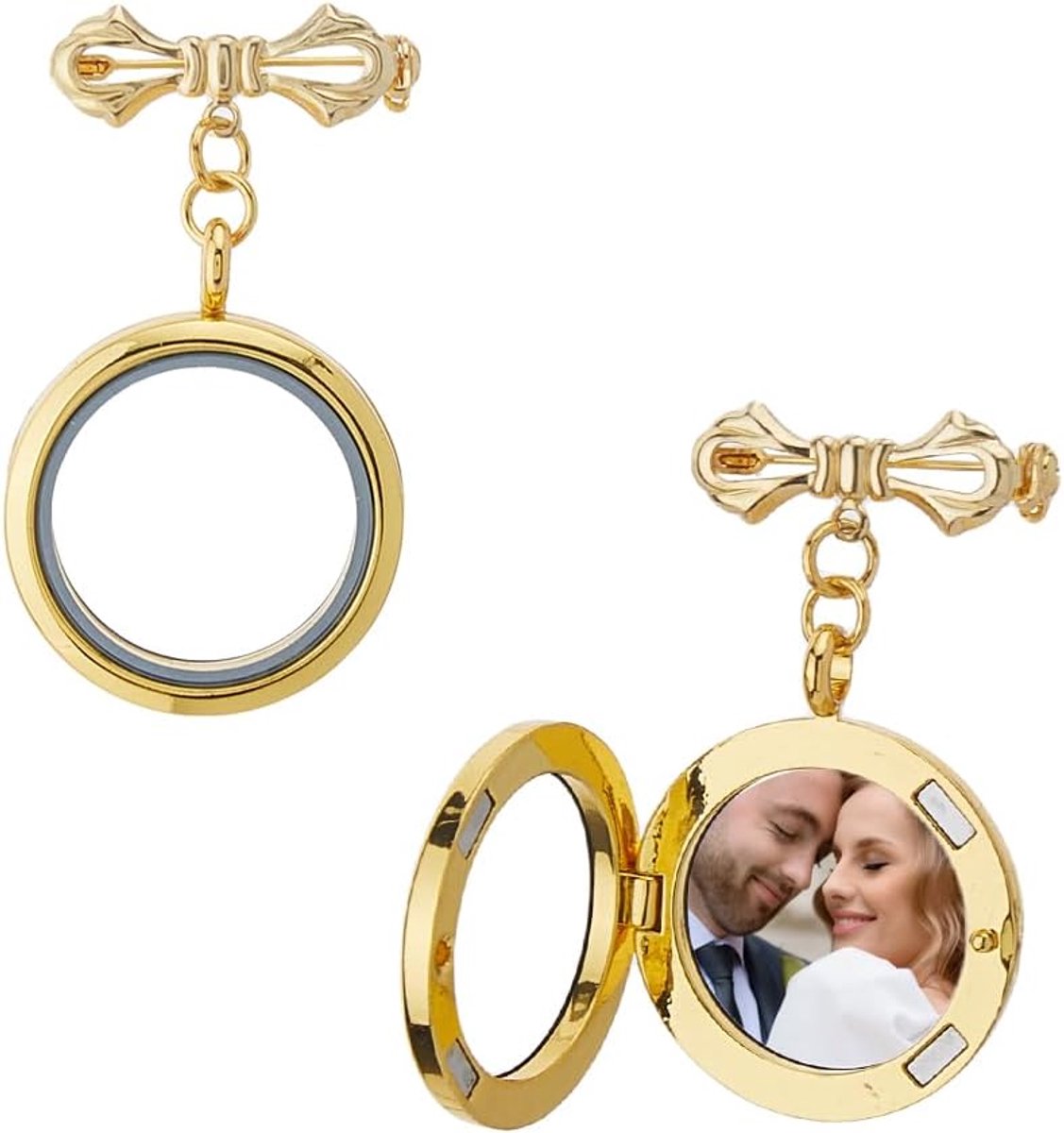 Foto Medaillon Hanger Met Strik Boeket Messing Broches Reversspeldjes Foto Charm Frame Met Hangers van Legering Bruiloft Speld Boeket Hanger, 5.3cm, Messing