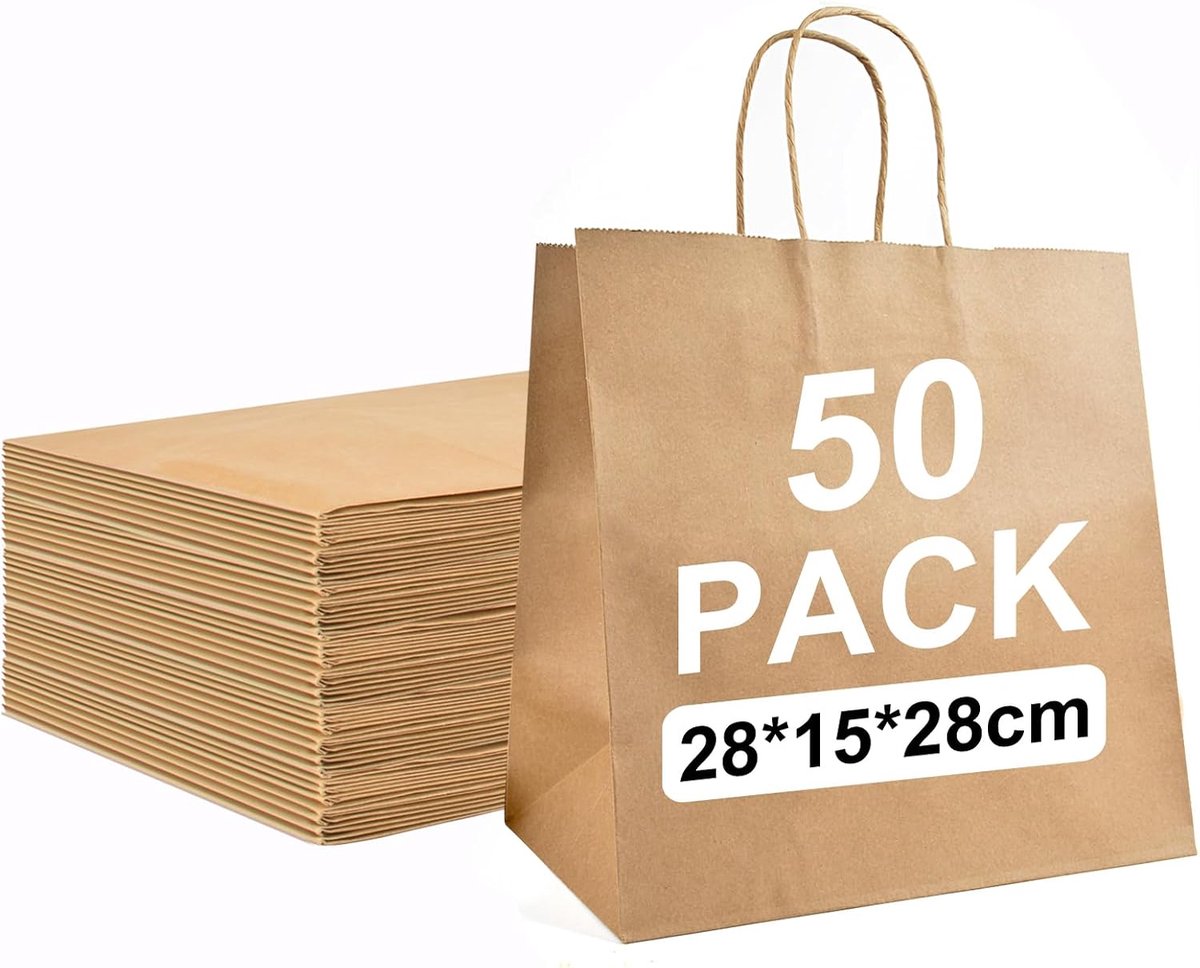 50 stuks papieren zakjes, cadeauzakjes, bruin, 28 x 15 x 28 cm, perfecte kraftpapieren zakjes voor zaken, cadeauzakjes voor winkelen, bruiloften, verpakkingen, feesten, verjaardagen, Kerstmis