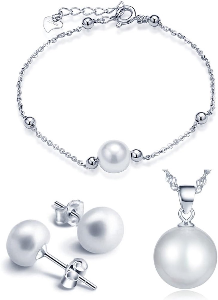 Sieradenset voor dames en meisjes, halsketting en armband en oorbellen, 925 zilver, parelsieraden, elegant, sterling zilver, parel