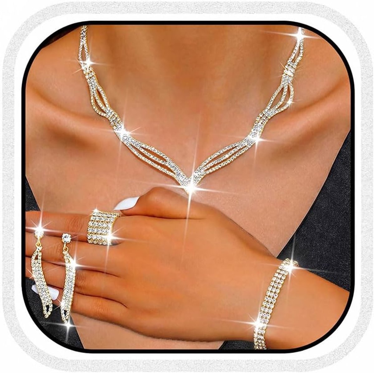 Sieradensets strass bruids halsketting en oorbellen armband ring set prom formele modesieraden set voor vrouwen en bruiden