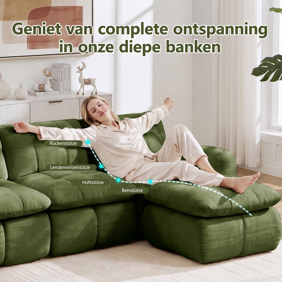 MEUNIQ 2-zits modulaire bank van chenille, frameloos, karosteppatroon, met 2 ottomanen, brede diepe zit, voor woonkamer en appartement, groen
