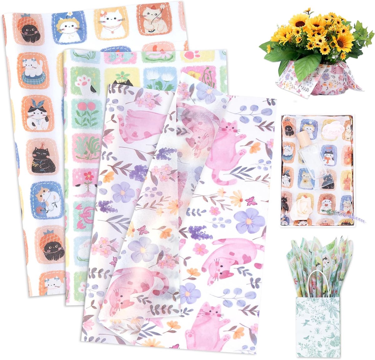 Katten zijdepapier, 60 vellen zijdepapier met schattige katten, verpakkingsmateriaal, lavendel wilde bloemen, cadeaupapier, verpakkingszijde voor verjaardagen, babyshower, huisdierfeest