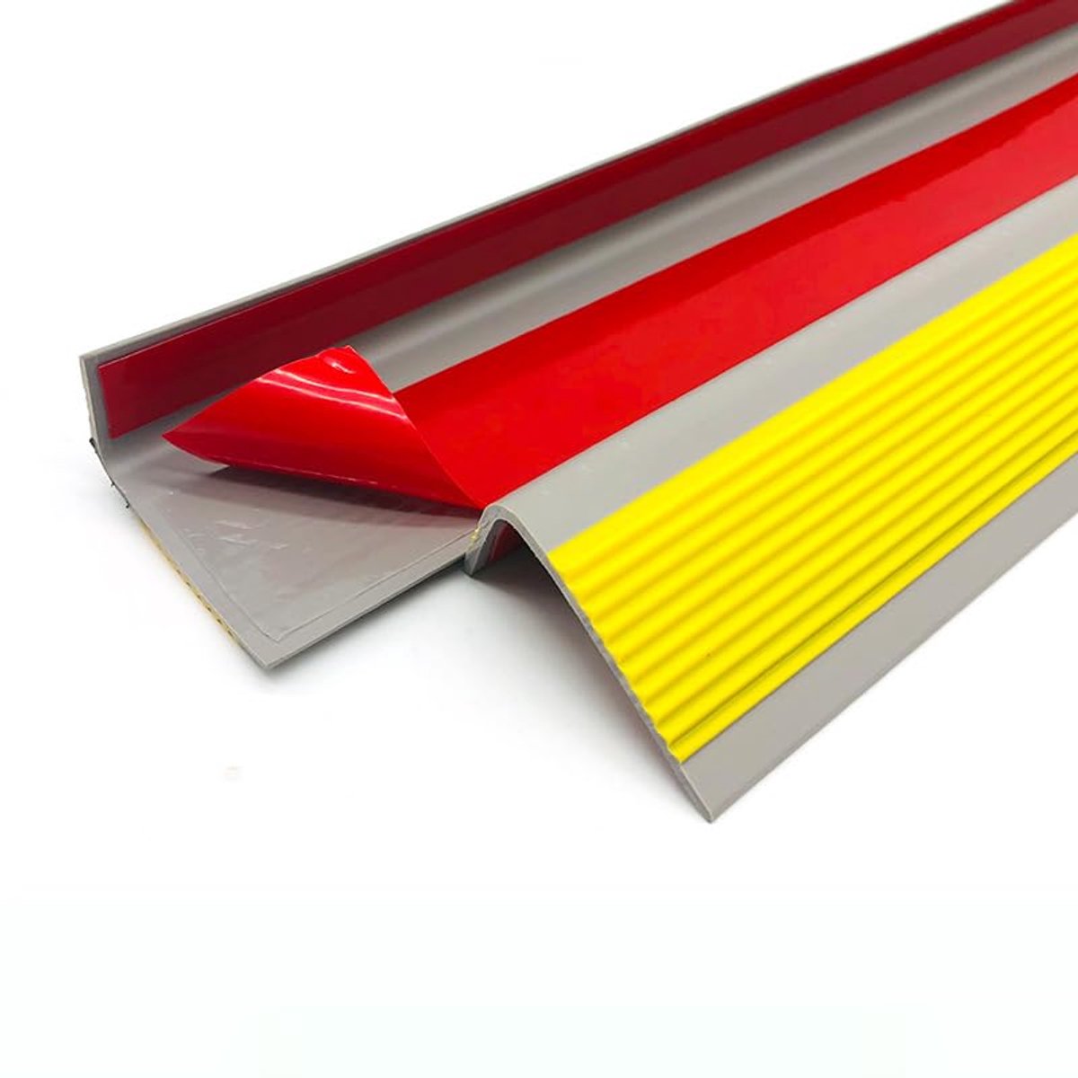 1 m Bullnose Trap, antislip neuzen, zelfklevende vinyl randstrip, antislip stapbekleding, PVC-rubberen hoektraprand (50 x 25 mm, grijs met geel)