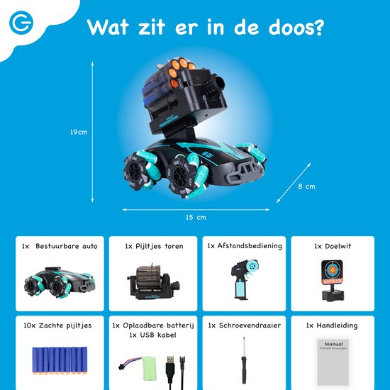 Silvergear® Bestuurbare Auto met Schietfunctie - RC Auto met Soft Bullets en Schietschijf - 2 Speelopties - 2 Oplaadbare Accu's - Voor Binnen & Buiten - Interactief Speelgoed voor Jongens en Meisjes - Zwart/Blauw - Cadeau voor Jongens - 6,7,8,9+ Jaar — afbeelding 3