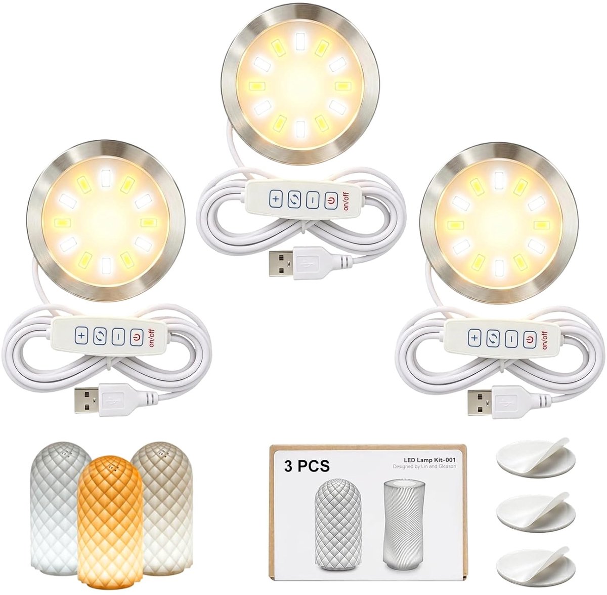 3 STKS LED Lamp Kit 001 Drie Kleuren voor Bambu Lab H2D/X1/P1P/A1 mini Makerworld voor anycubic Makeronline 3D Printer Licht DIY Hardware Model Onderdelen 5V USB Aangedreven, 3000 K Warm