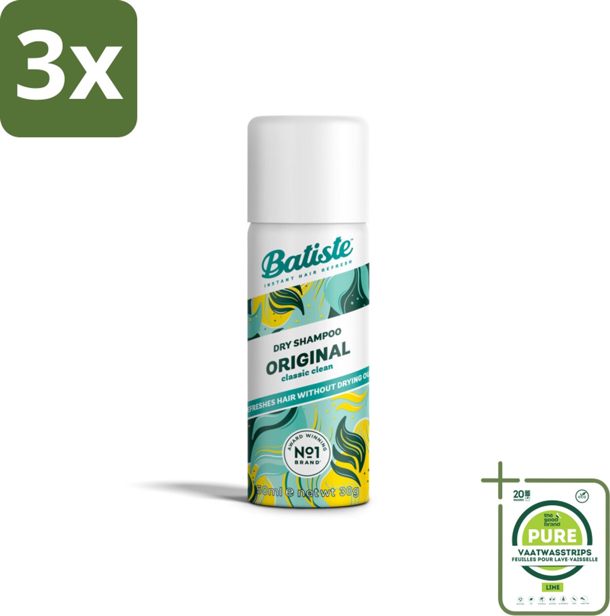3 x Batiste - Classic Clean - Droogshampoo - Koele en Schone Geur - Verfrist en Geeft Grip - 50ml - Grootverpakking - Droogshampoo - Fris Haar - Haarverfrisser - Mini Shampoo - Travel Size