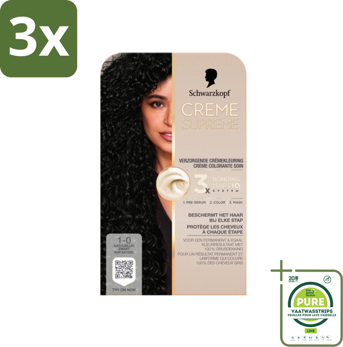 3 x Schwarzkopf - Haarkleuring - Creme Supreme 1-0 - Natuurlijk Zwart - 245g - Grootverpakking - Permanente Haarkleur - Zwart Haar - Grijsdekking - Haarkleur - Haarkleur Zwart