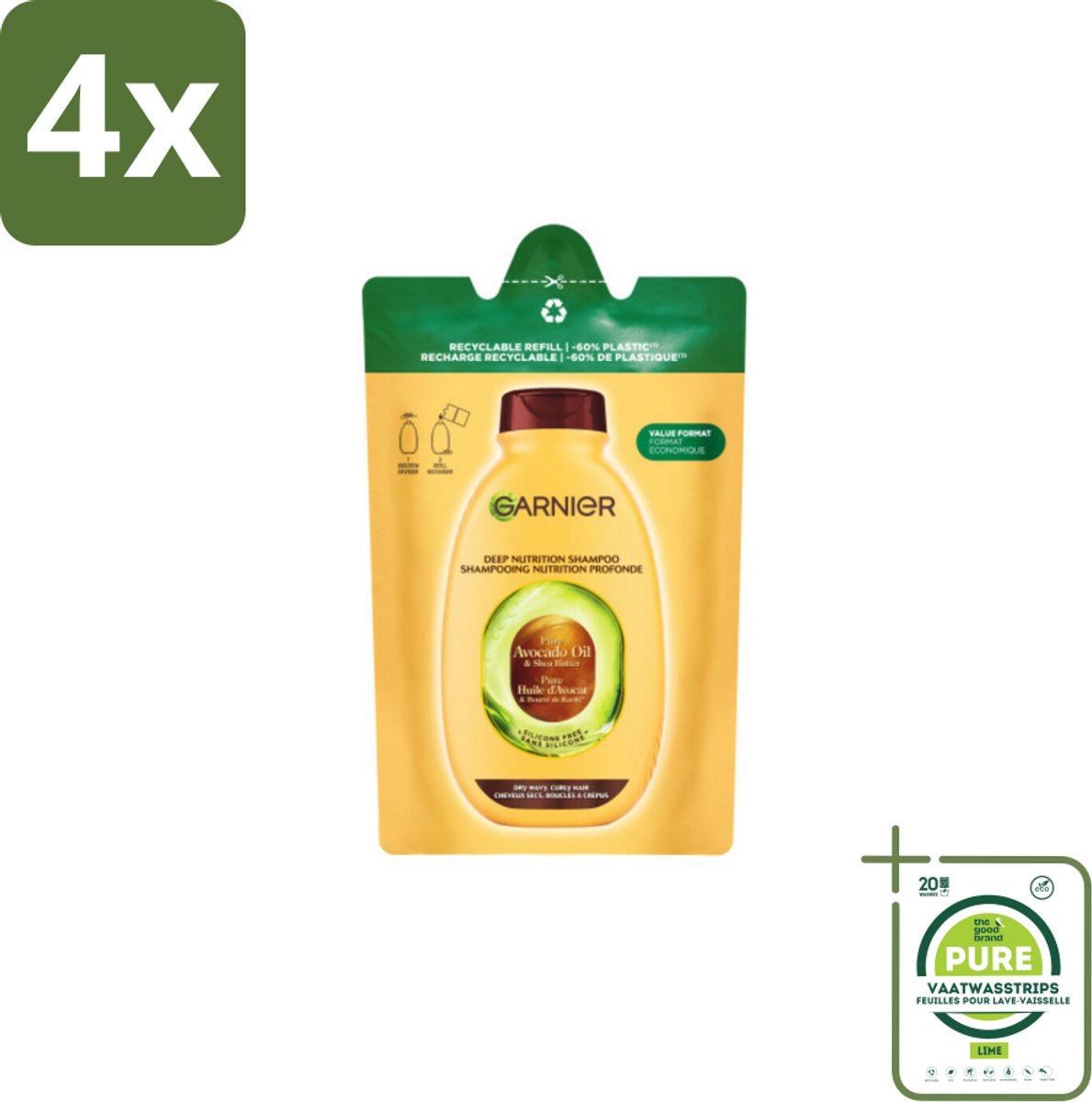 Garnier - Loving Blends - Shampoo Refill - Avocado Olie & Shea Boter - Zeer Droog, Golvend of Krullend Haar - 250 ml - Voordeelverpakking - 4 stuks - Shampoo refill - Avocado olie