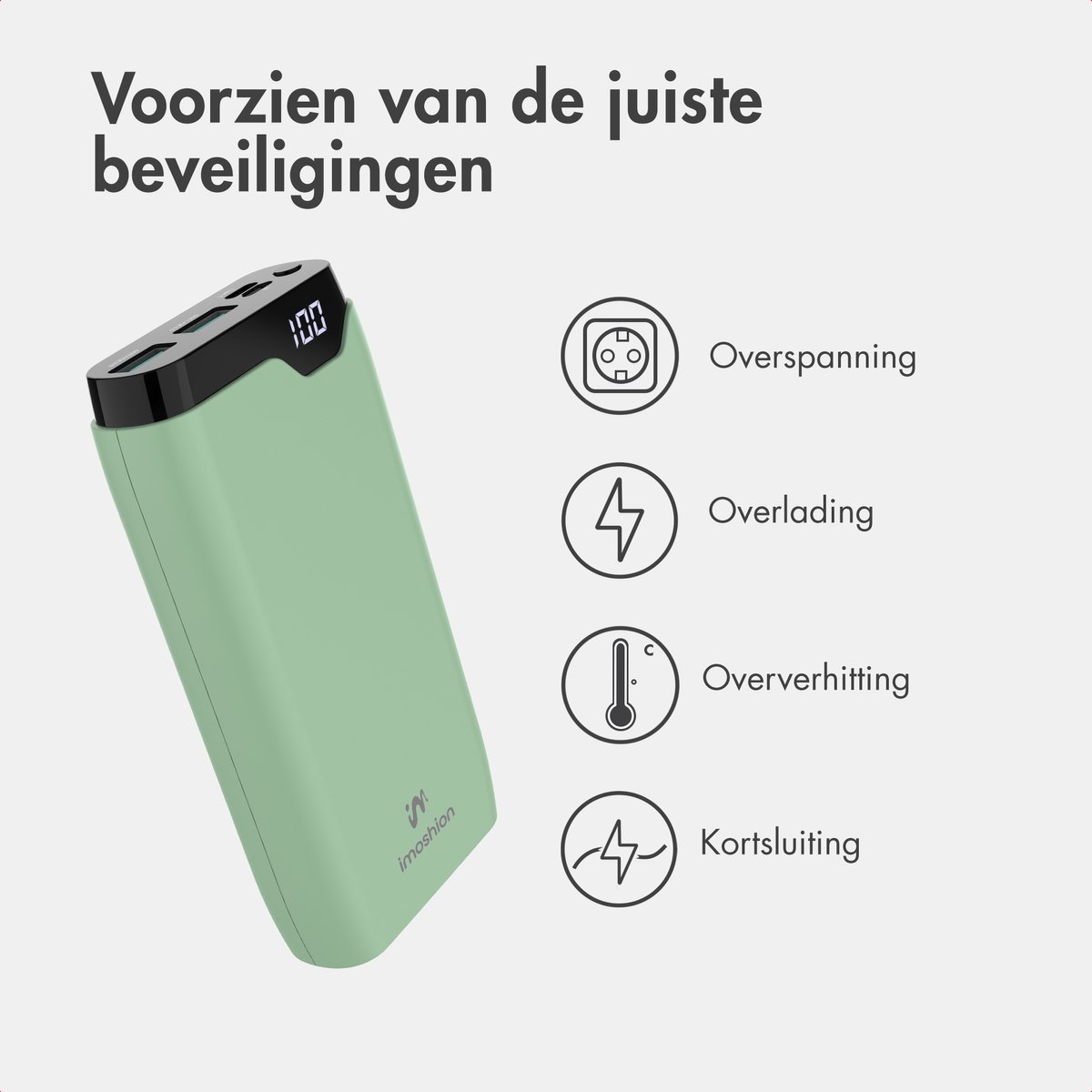 imoshion® Powerbank 20000 mAh - 22.5W Snellader - USB C / USB A - LED Display - Powerbanks - Universeel - Noodpakket - Groen — cadeau in Telefoon & Tablet - foto 8