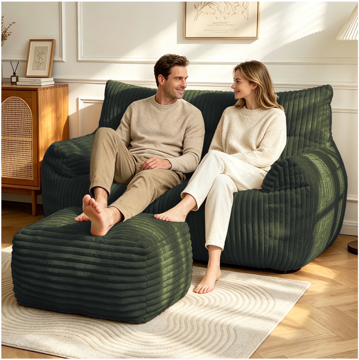 COVREO Zitzak 135 x 100 x 75 cm groen, met ottoman en rugleuning