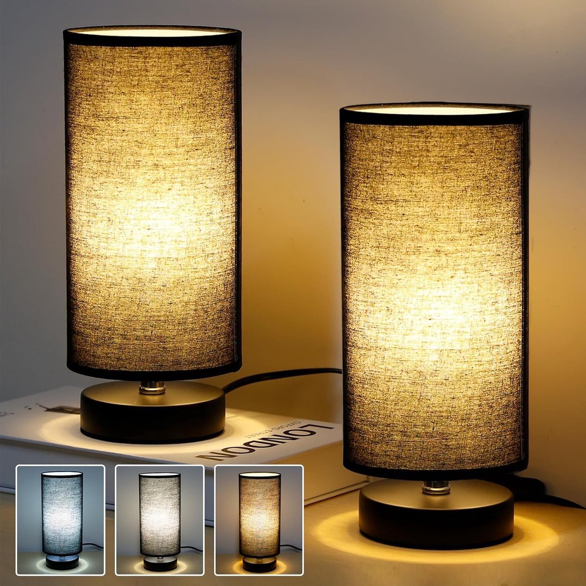 Dimbare Nachtlampen Set van 2 voor Slaapkamer en Woonkamer met Kabelschakelaar en Stofschaduw, Modern en Compact Design