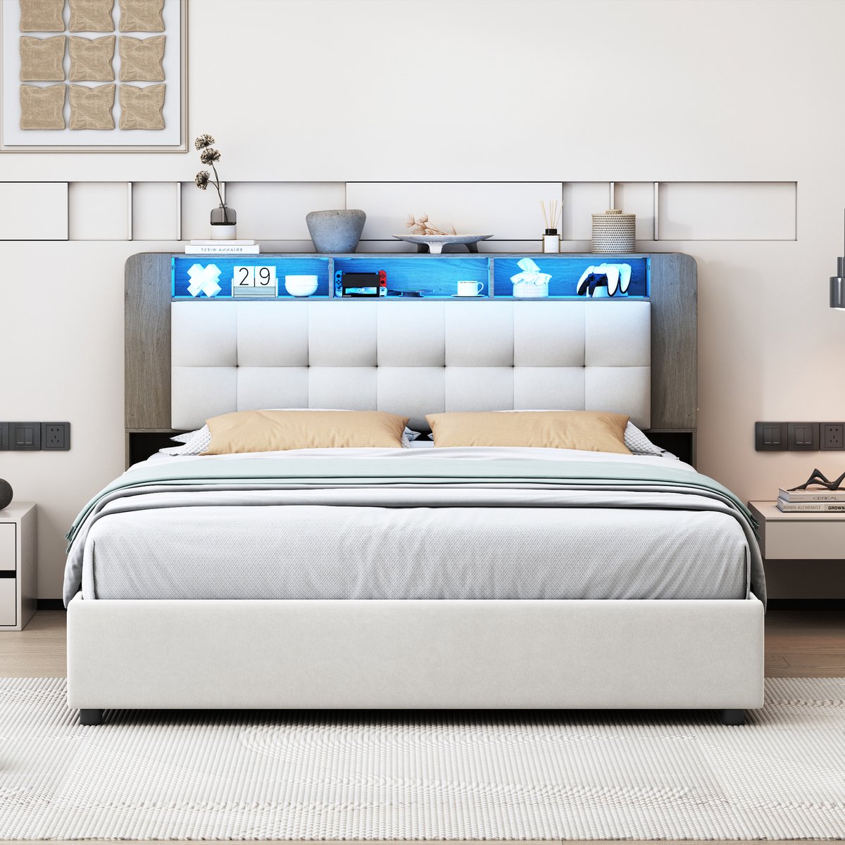 Tweepersoonsbed 140x200 cm, opbergbed met gestoffeerd hoofdbord en led sfeerverlichting, fluwelen bed met draadloze oplader en stopcontact, beige, zonder matras
