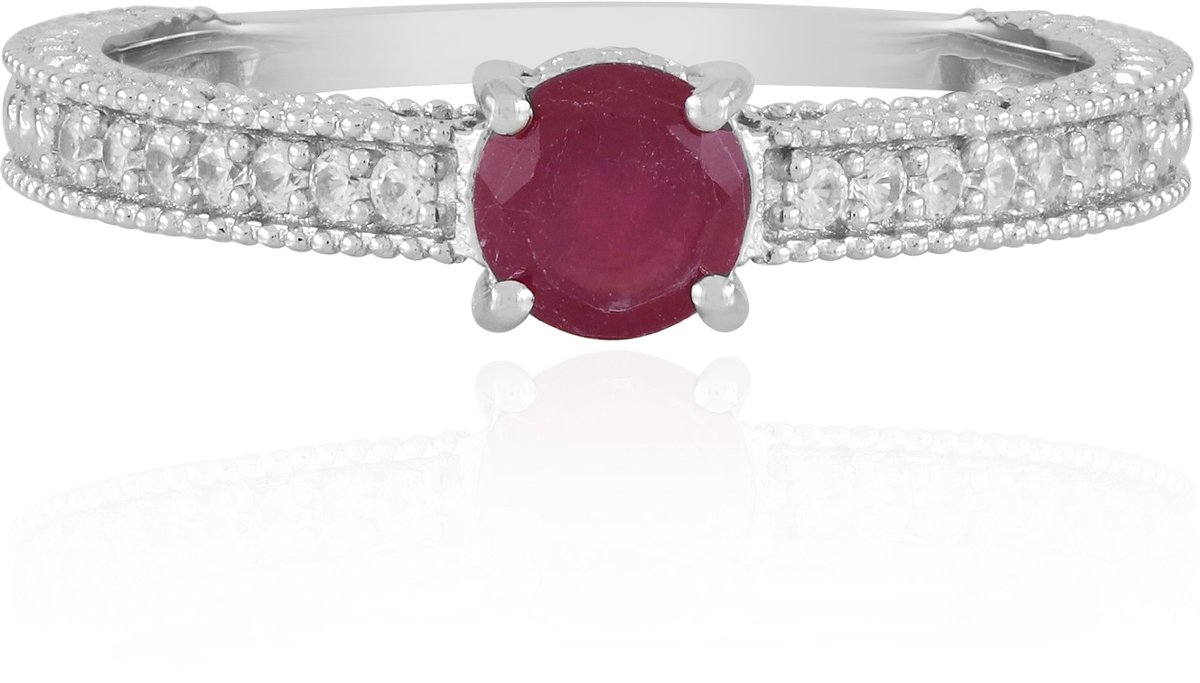 Cavill - Elegante Robijn Ring 0,582 ct met 14 Zirkonia 0,208 ct - 925 Sterling Zilver met Platina Coating - Tijdloos Sieraad