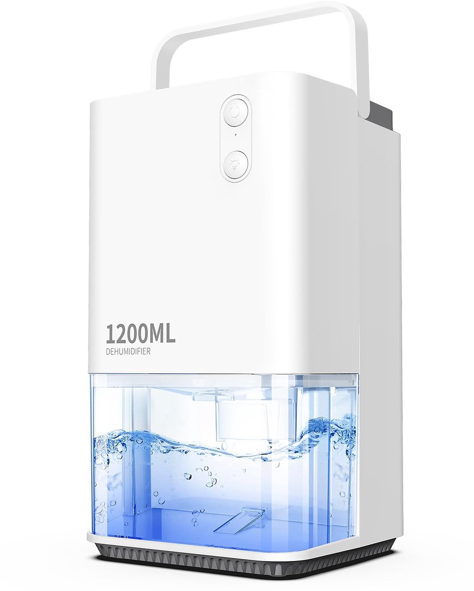 Luchtontvochtiger - 1200 ml Watertank - Stille Mini Ontvochtiger met Draaggreep - Automatische Uitschakeling - Ontdooifunctie - 7 LED Kleuren - Voor Badkamer, Slaapkamer, Kantoor en Camper - Wit