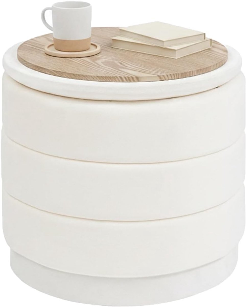 Ronde poef met deksel 39 x 39 cm - wit fluweel - inklapbare voetensteun - veelzijdig gebruik in woonkamer - SnelShoppen