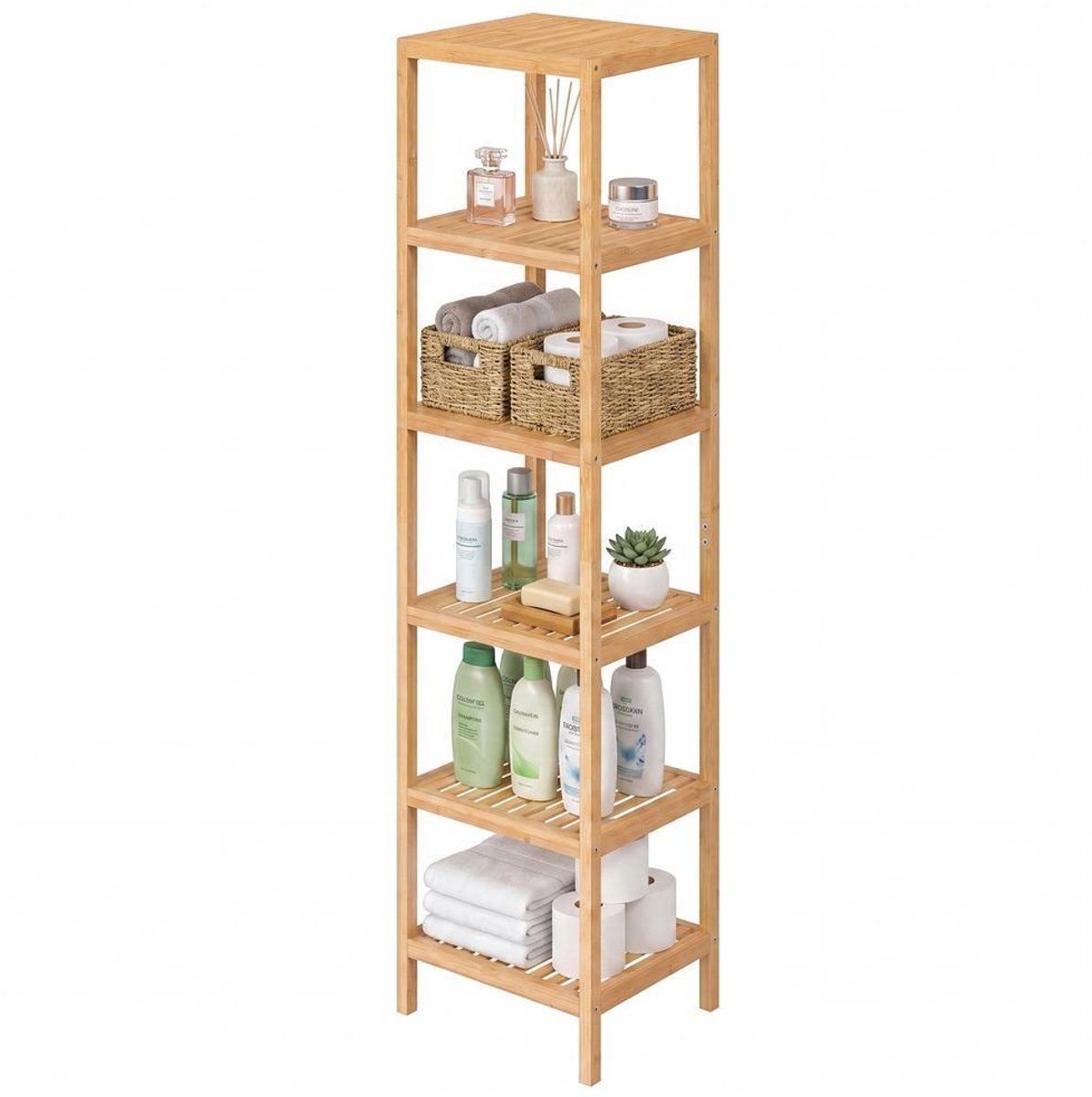 Badkamerplank - Bamboe - Vrijstaande plank met 6 verstelbare planken - 33 x 33 x 178,5 cm - Naturel