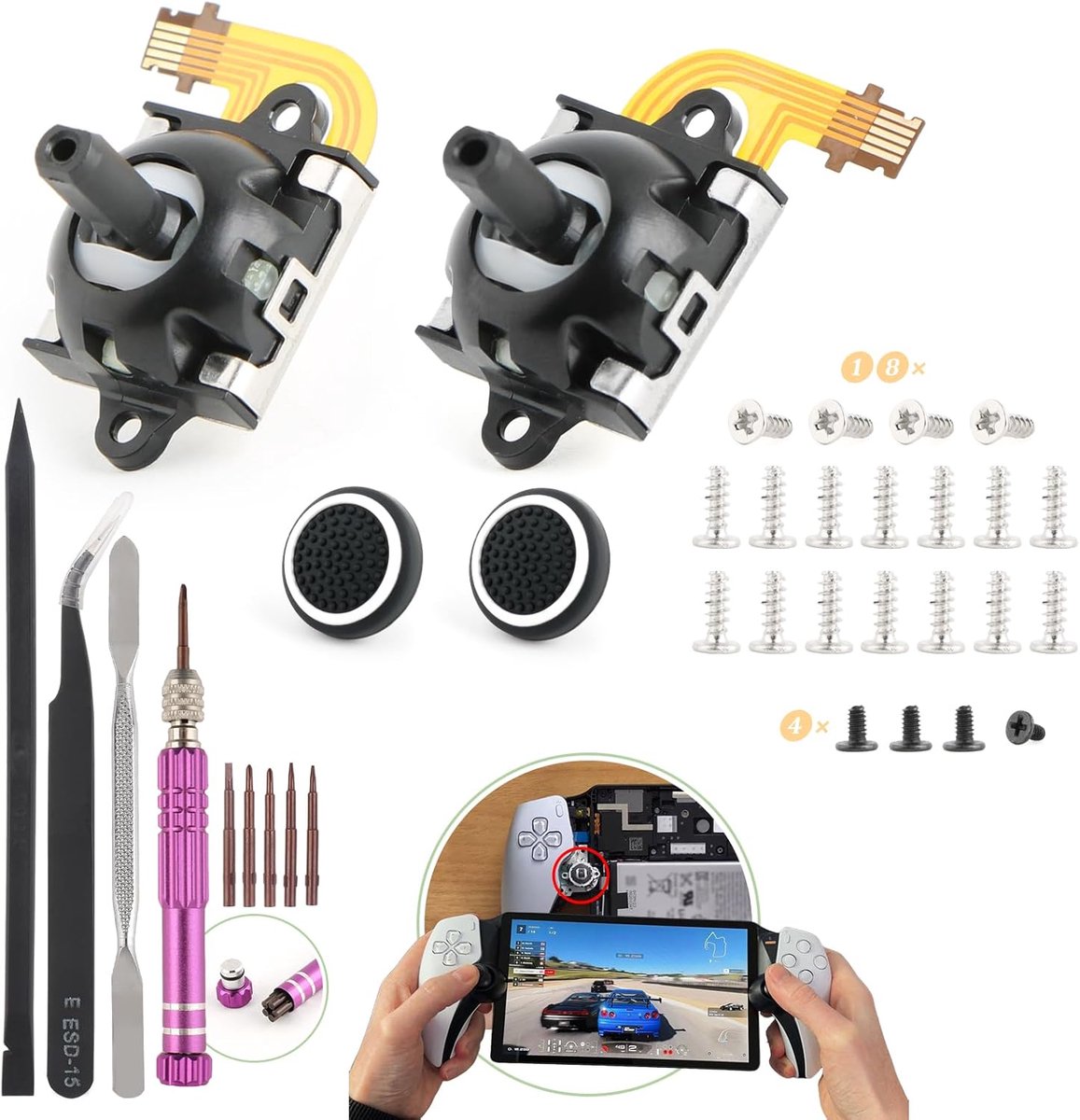 2 Pack Hall Effect Joysticks for Playstation 5 Portal 3D Left/Right Analog Sensor Joystick for PS5 Portal Control with 2 Pack Thumbstick Cap with Repair Tools
