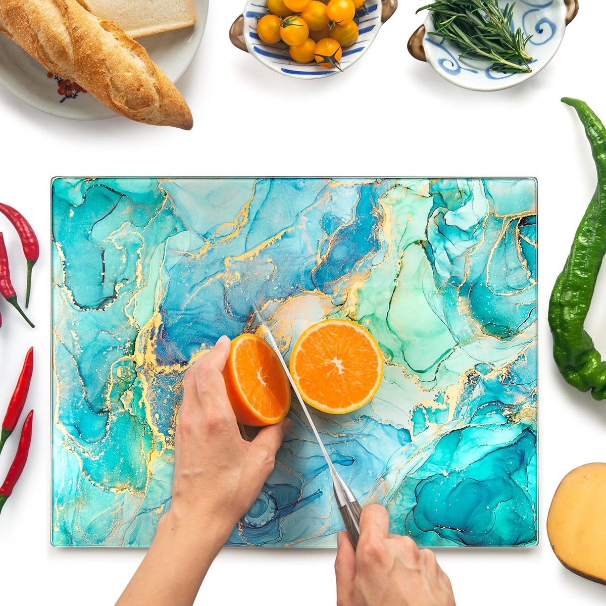 Glazen Snijplank 40×30 cm – Glass Cutting Board – Breukbestendig, Antislip & Hittebestendig - Turquoise Oceaan