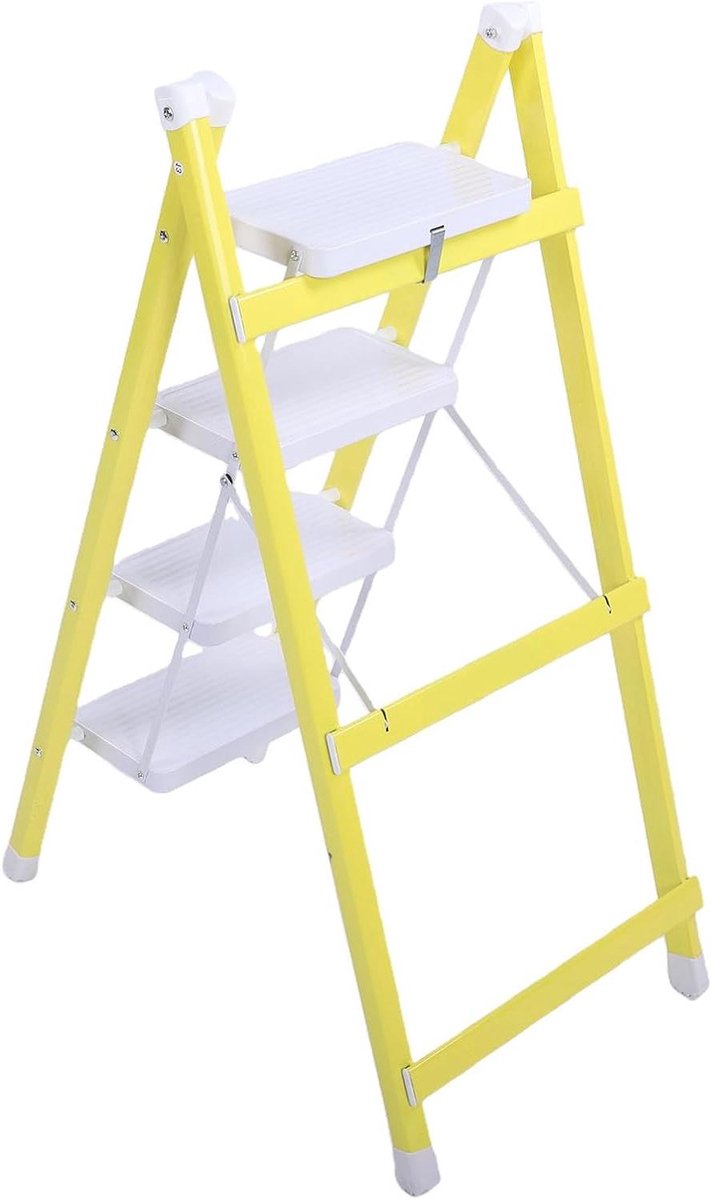 Opvouwbare Trapladder - Vouwkruk Huishouden - Veilig Hoge Planken - Verbreed Antislip Pedaal - 4 Treden - Geel Wit