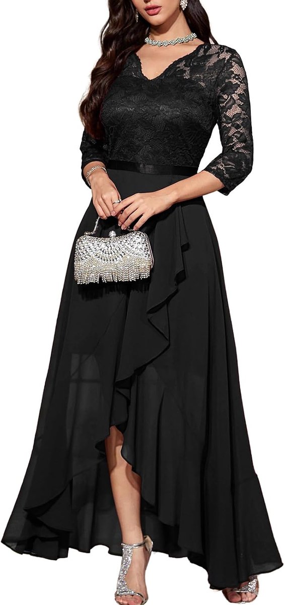 Elegante avondjurk voor bruiloften, kanten jurk, chiffon, Hi-Lo jurk