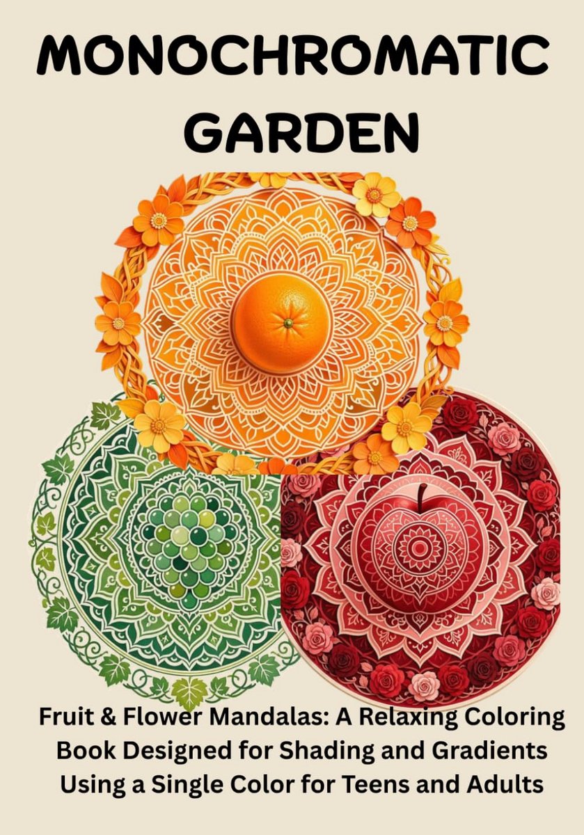 Garden: Fruit & Flower Mandalas: A Relaxing Coloring Book Designed for Shading and Gradients Using a Single Color for Teens and Adults