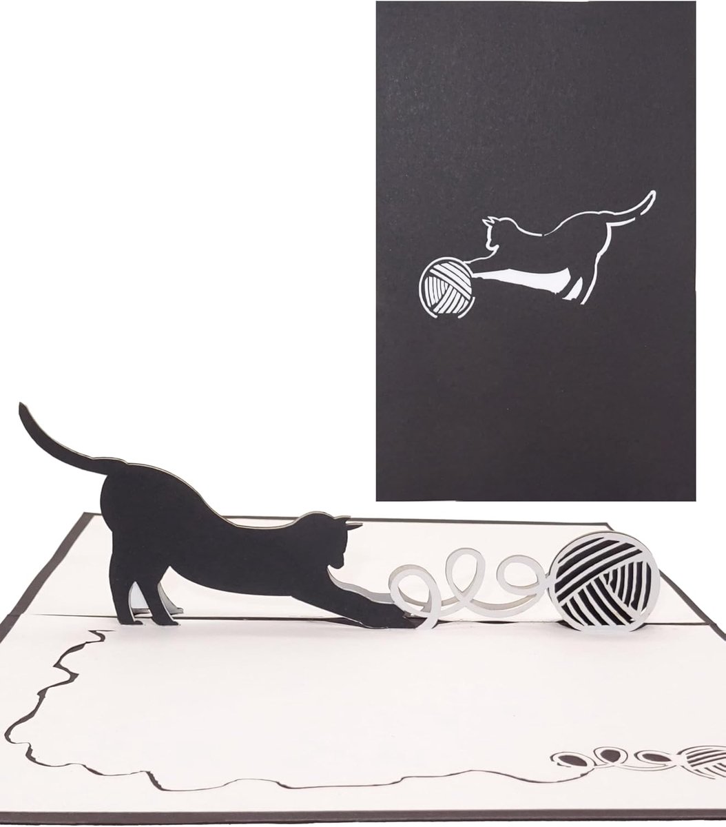 kaart spelende kat - kattenkaarten in 3D als verjaardagskaart, cadeau