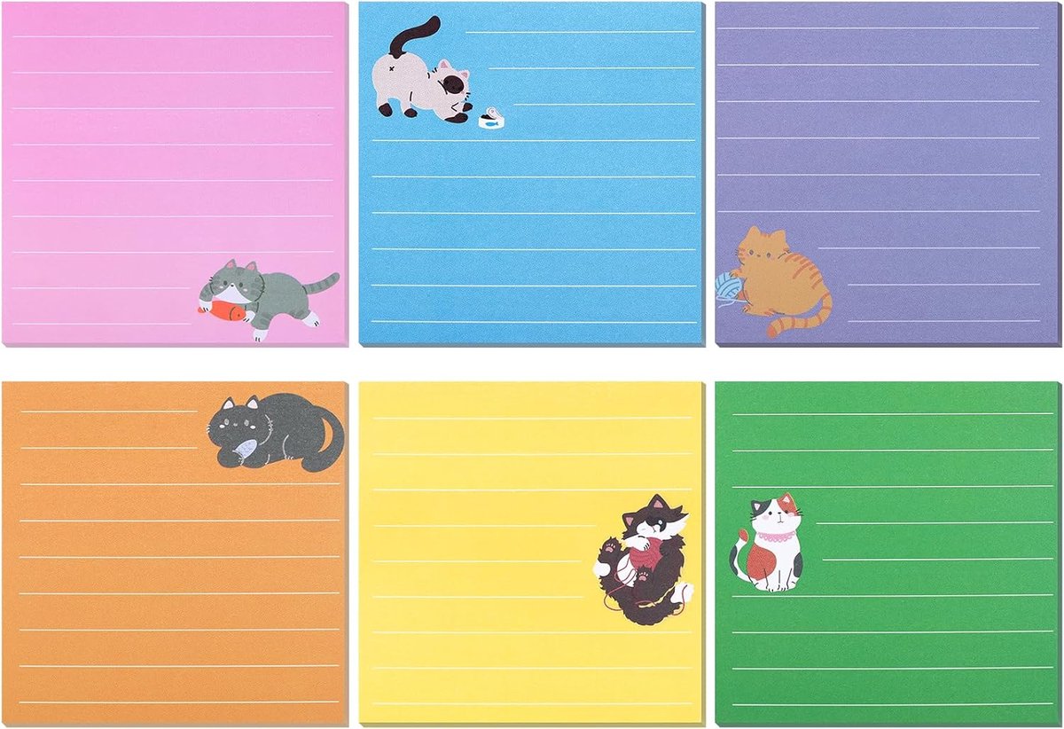 12 stuks katten-plakbriefjes, 6 kleuren gelinieerde to-do-lijst notitieblokken, 76 x 76 mm schattige dierlijke zelfklevende notities met lijnen voor kantoor, school (480 vellen)