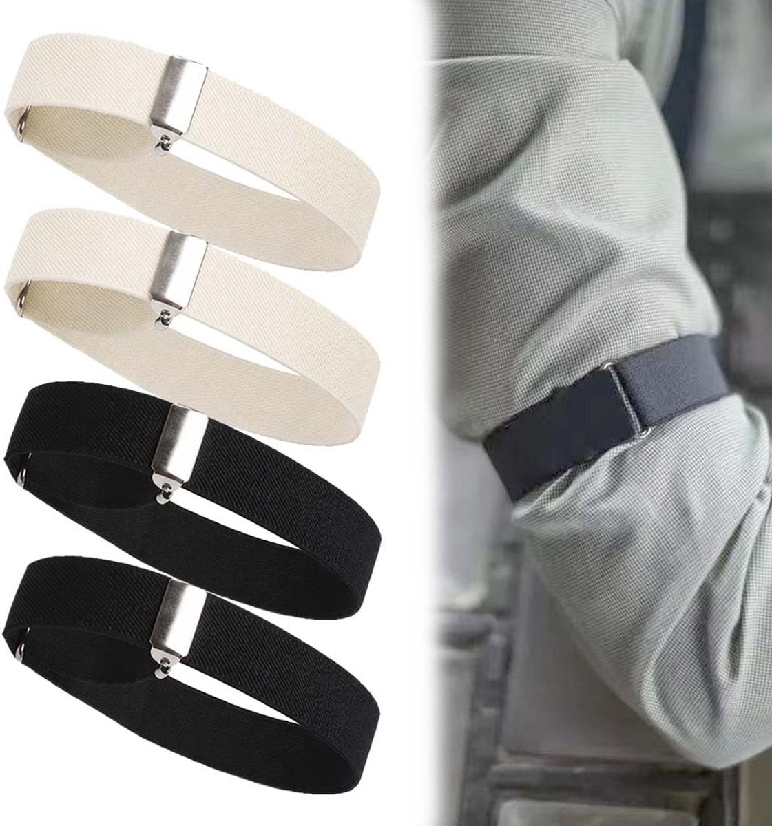 4 verstelbare mouwhouders, armbanden van polyester, afmetingen 2,0 x 32 cm, geschikt voor polsomtrek 22-50 cm, in zwart en gebroken wit, ideaal voor kantoor, sport of dagelijks gebruik