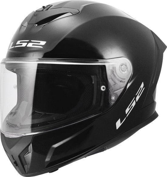Casque LS2 noir avec visière transparente et logos LS2 blancs.