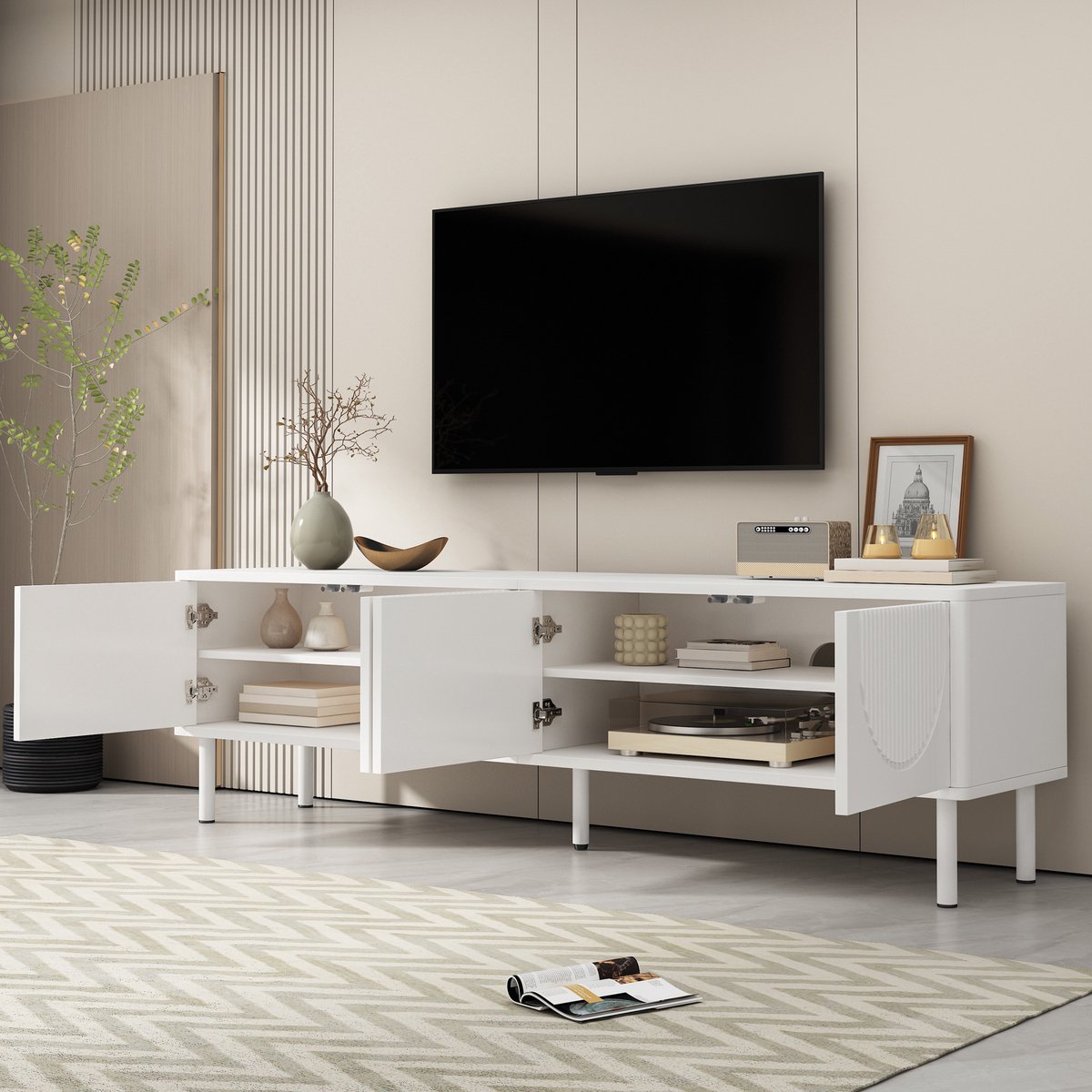 REDOM - Tv meubel - 3D-relieffronten - Kabelmanagement - Mat - Minimalistisch - Woonkamer - MDF en spaanplaat - Wit - 180 x 40 x 52 cm