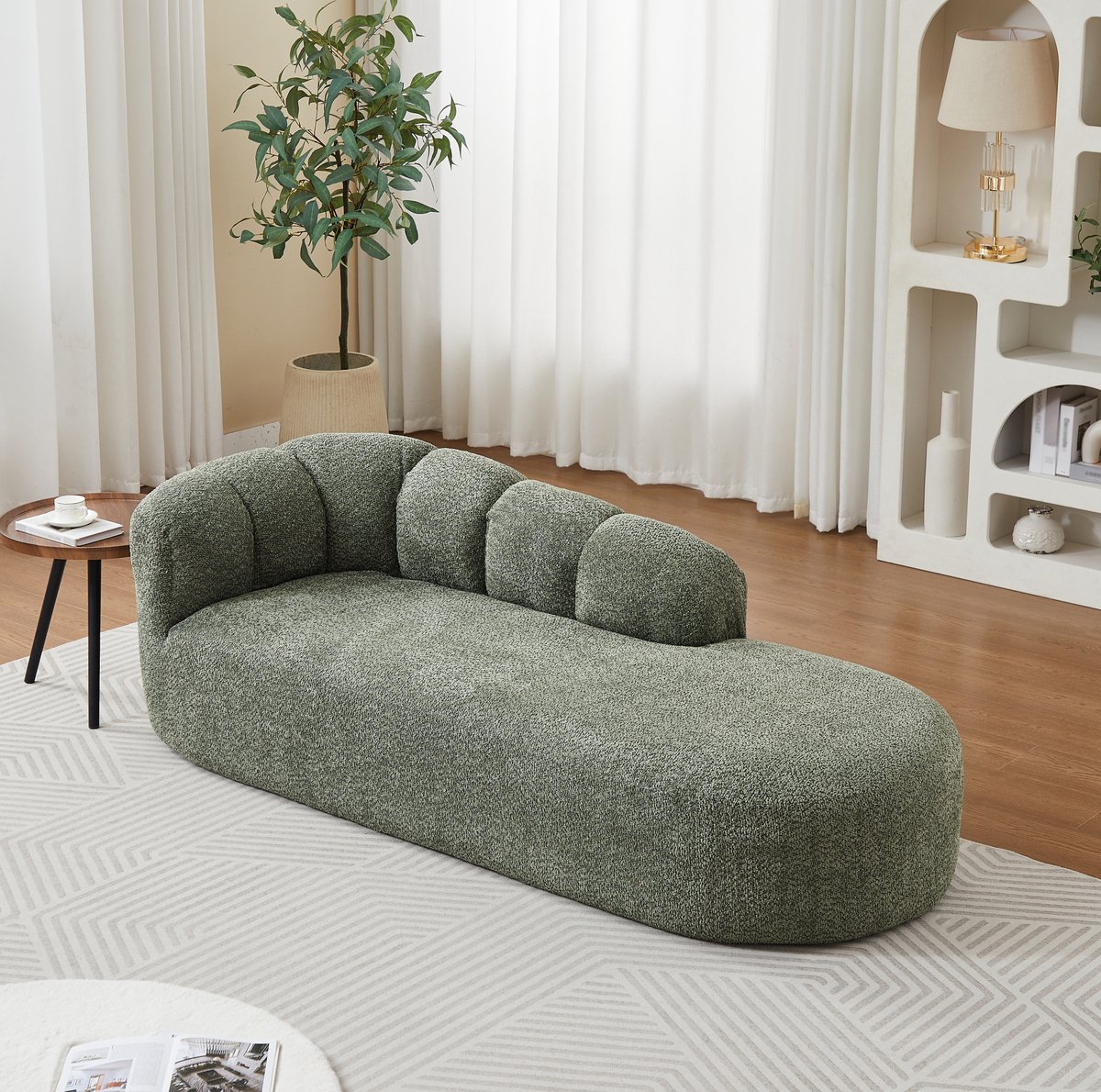 FloraGrace Chaise Longue – Moderne Gebogen 1 Zits Loungestoel – Met Zachte Chenille Bekleding En Golfvormige Rug – Voor Woonkamer Slaapkamer Of Leeshoek – Stof – Groen