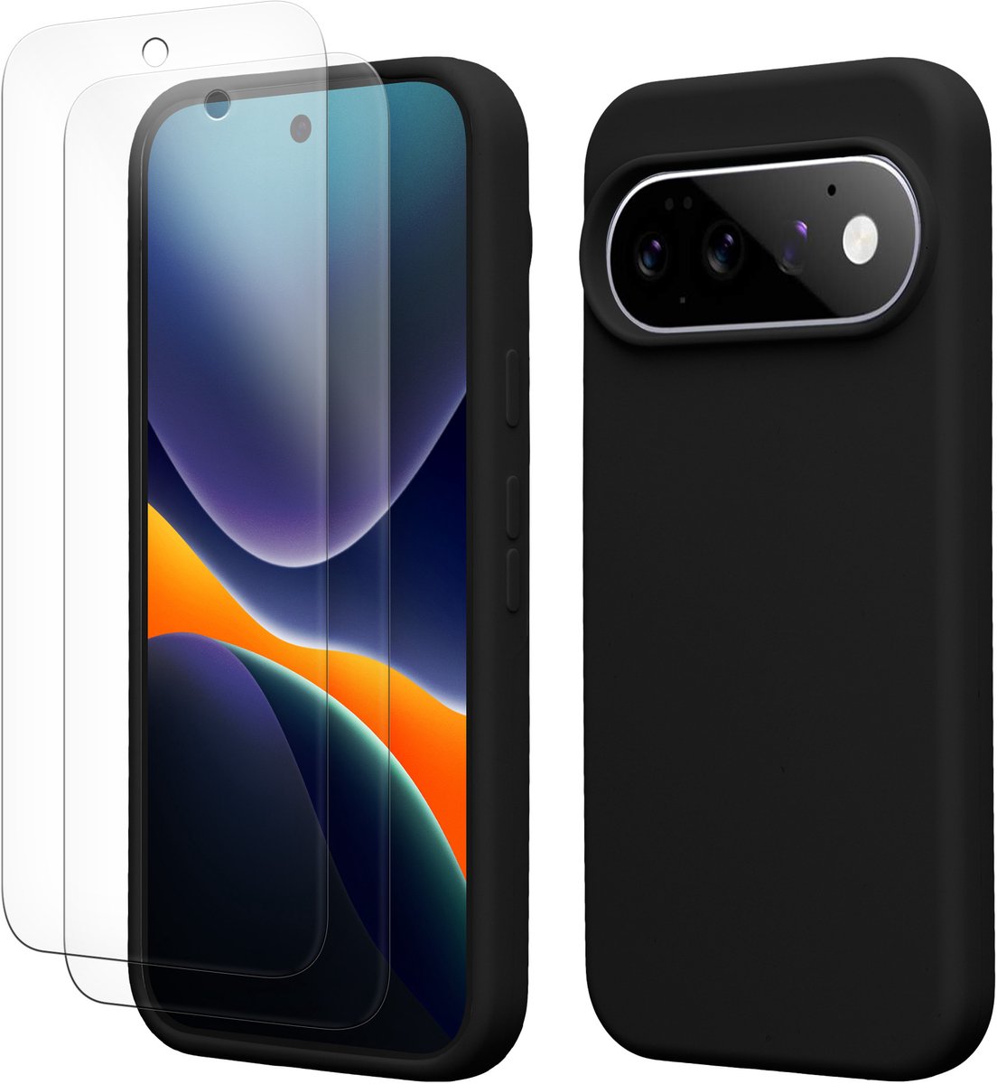 kwmobile hoes met 2x screenprotectors voor Google Pixel 11 / Pixel 11 Pro – screenprotector van gehard glas – draadloos opladen – zwart