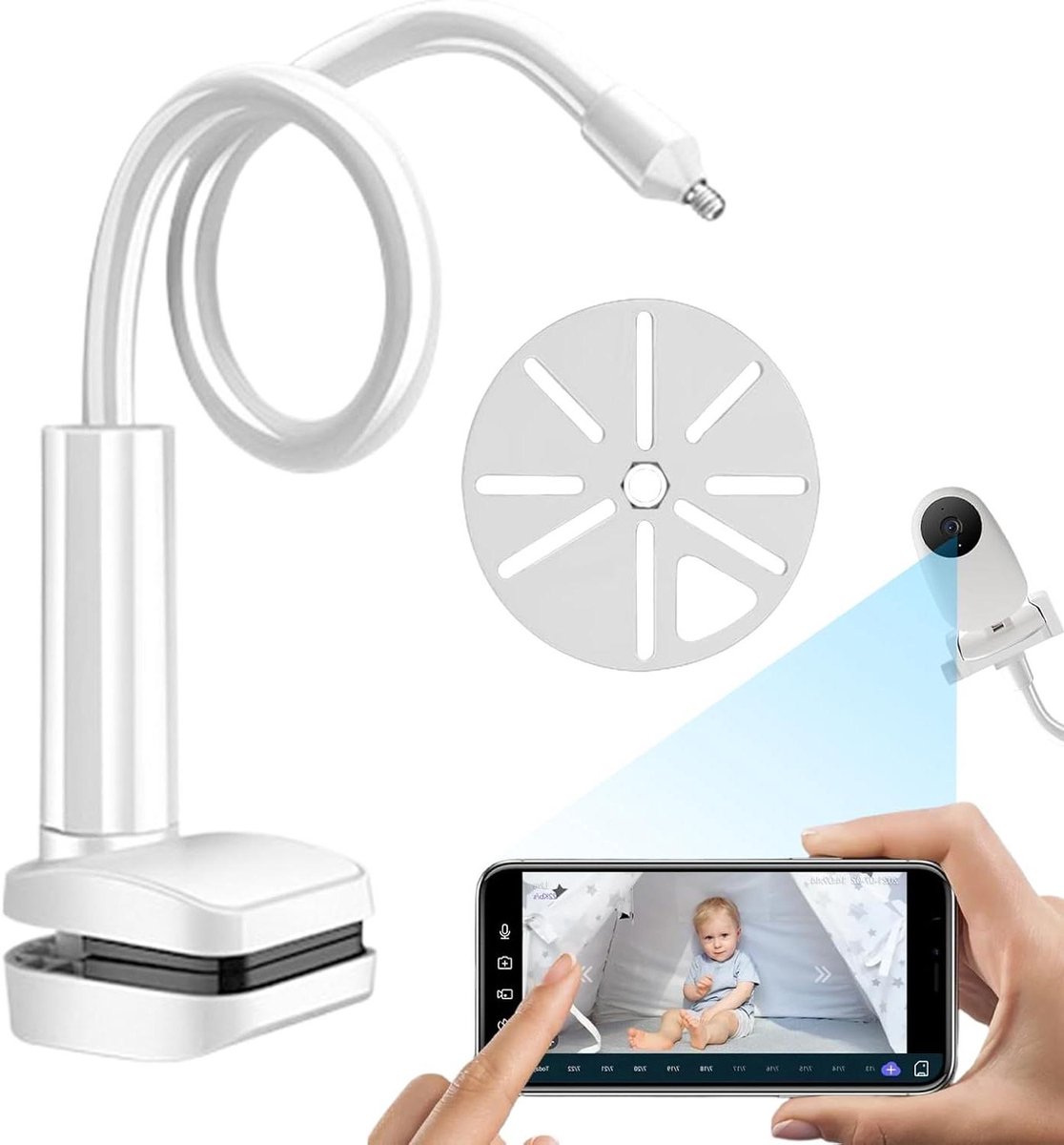 Babymonitor Houder - Babyfoon Klem - Babykamer Bewaken - Verstelbare Lange Arm - 15 x 10 x 6 cm - Wit