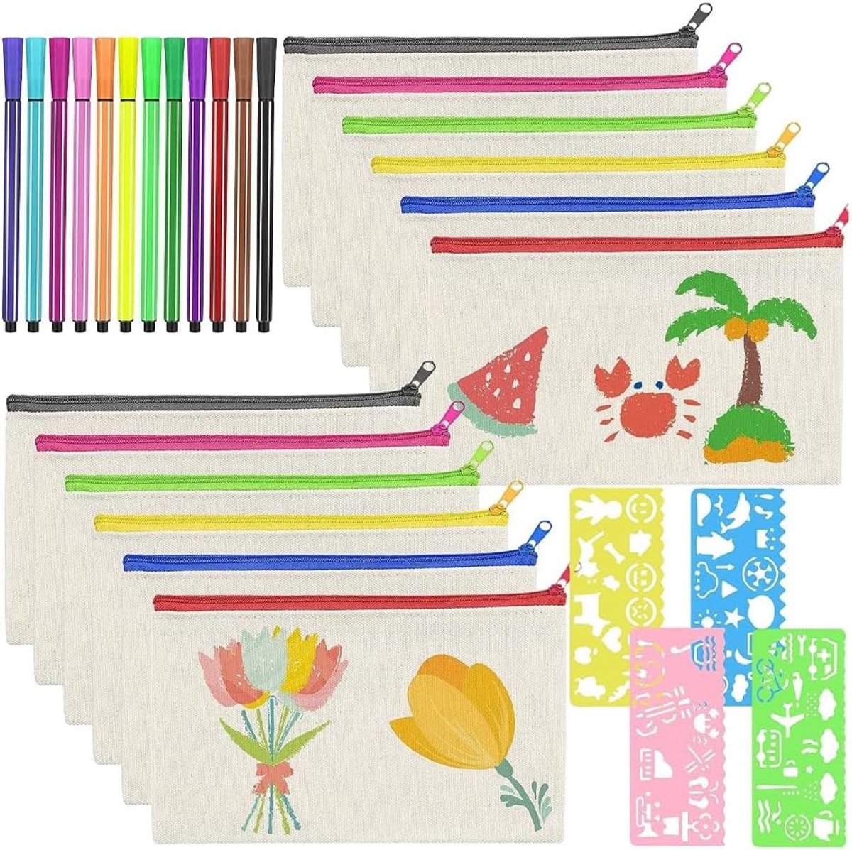 SnelShoppen - DIY Lege Stof Potloodetui met 12 Kleurrijke Stiften en 4 Teken Sjablonen, Canvas Tas voor Reizen, Make-up, Kantoorbenodigdheden, Creatie