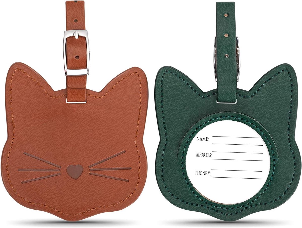 Bagagelabel kat - 2 stuks kofferlabels - groenbruin - handig voor identificatie - ShopVlot
