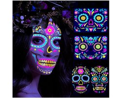 Luminous Halloween Tattoo Stickers voor Dia de los Muertos - Glow in the Dark Skelet Face Tattoos voor Kostuums en Make-up Accessoires voor Mannen en Vrouwen