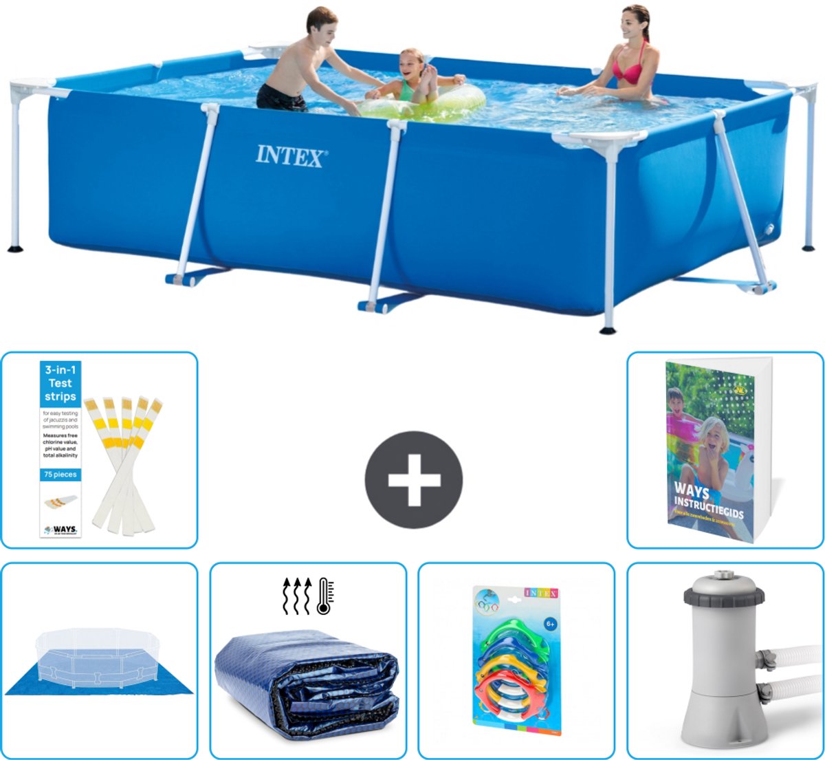 Intex Rechthoekig Frame Zwembad - 300 x 200 x 75 cm - Blauw - Inclusief Grondzeil - Solarzeil - Speelgoed - Zwembadfilterpomp - 7-delig