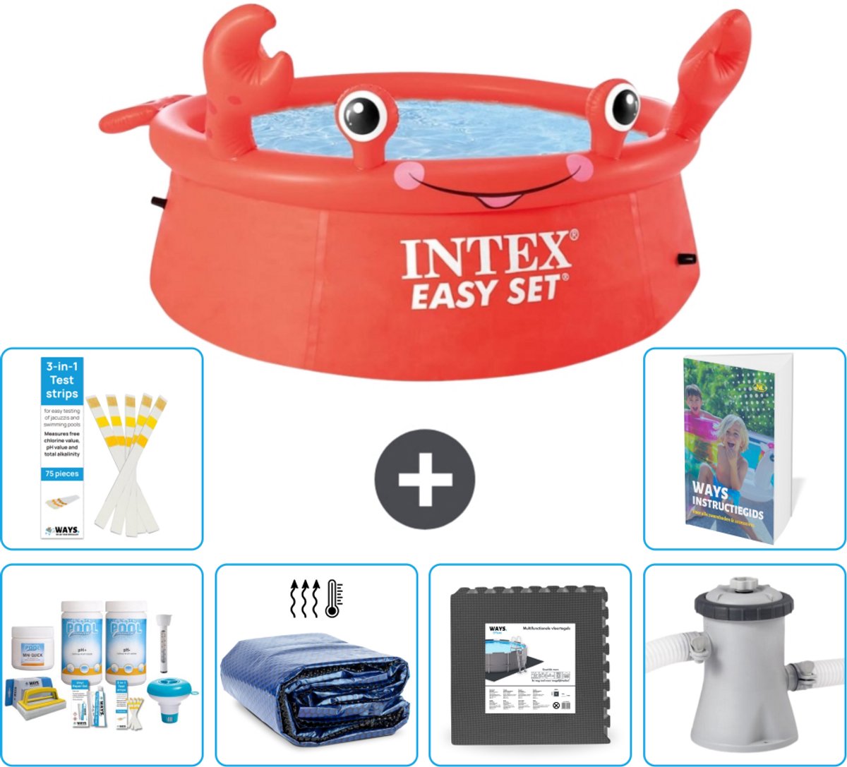 Intex Rond Opblaasbaar Easy Set Zwembad - 183 x 51 cm - Rood - Krab - Inclusief Onderhoudspakket - Solarzeil - Vloertegels - Zwembadfilterpomp - 7-delig