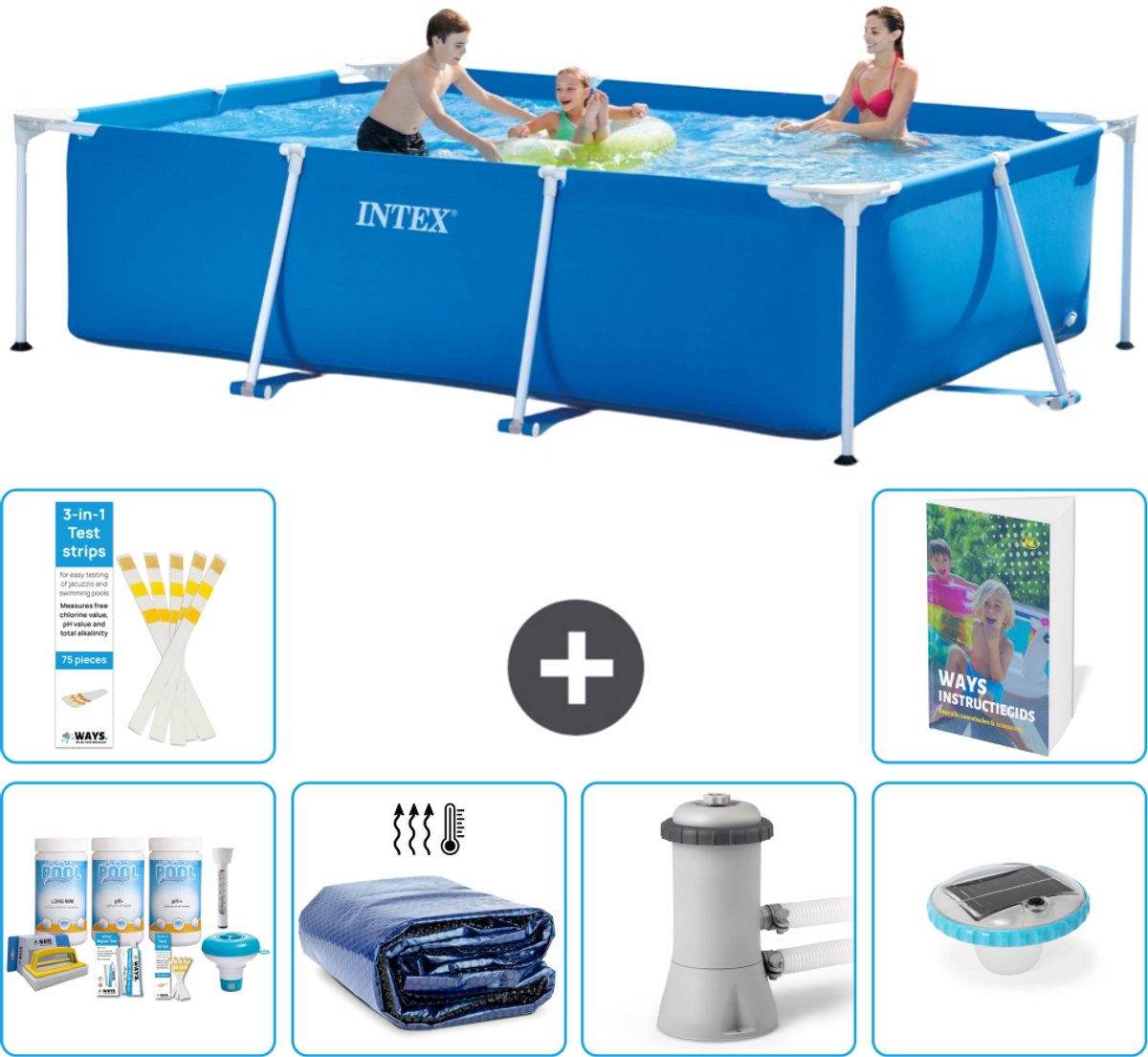 Intex Rechthoekig Frame Zwembad - 300 x 200 x 75 cm - Blauw - Inclusief Onderhoudspakket - Solarzeil - Zwembadfilterpomp - Verlichting - 7-delig