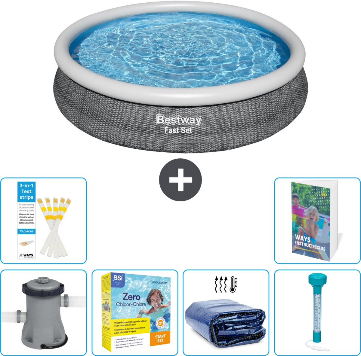 Bestway Rond Opblaasbaar Fast Set Zwembad - Rotanprint - 366 x 76 cm - Inclusief Pomp - Onderhoudspakket - Solarzeil - Thermometer - 7-delig